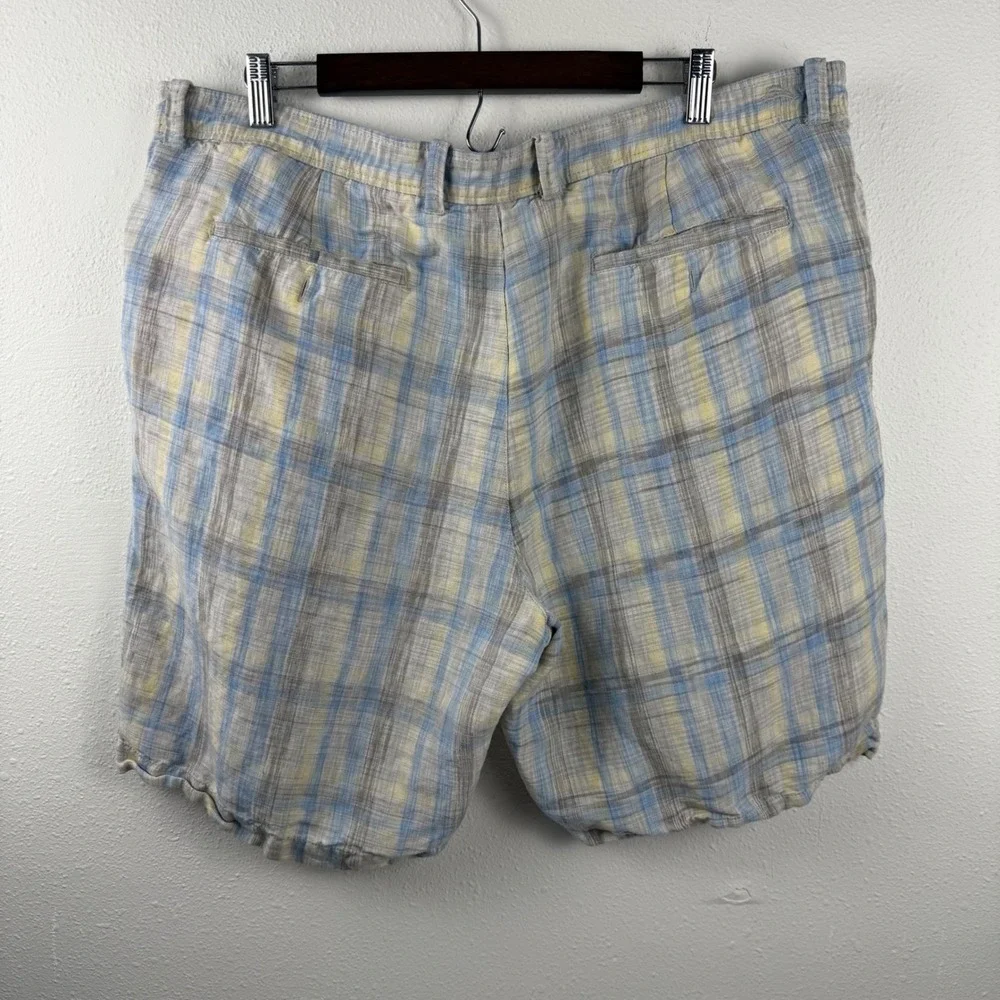 Tommy Bahama Mens Plaid Linen Blend Shorts Blue Yellow Tan Size‎ 40 Flat Front